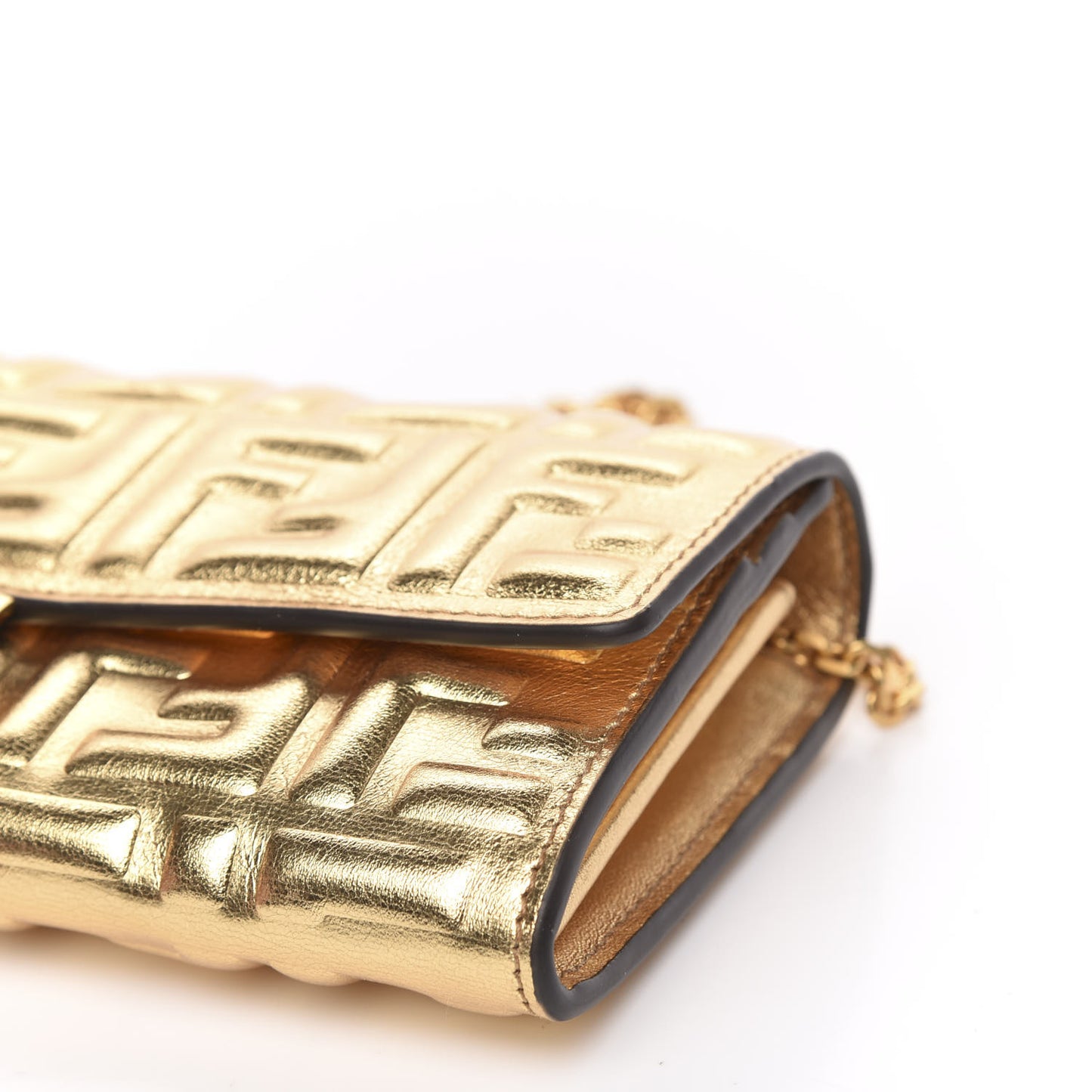 Vitello Catalan Mirror FF 1974 Embossed Continental Wallet on Chain Gold