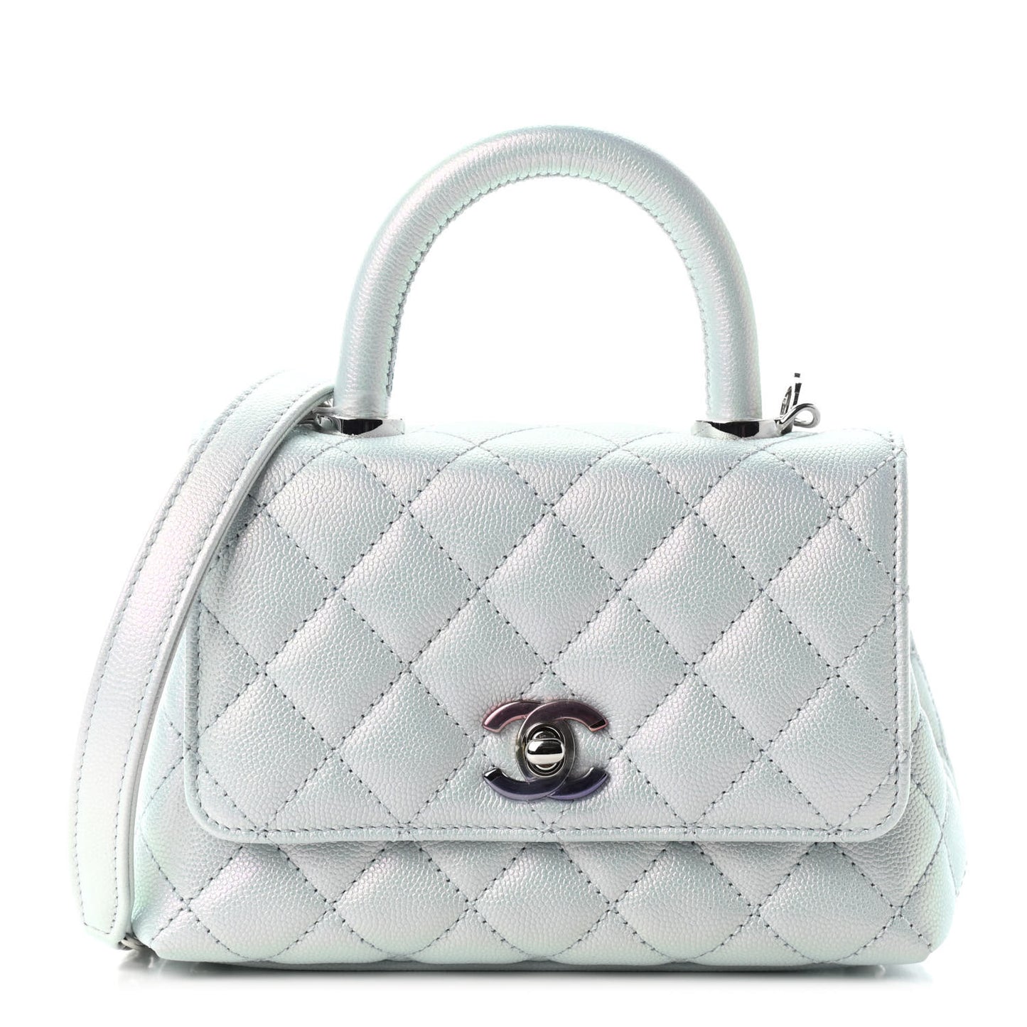 Iridescent Caviar Quilted Extra Mini Coco Handle Flap Light Blue