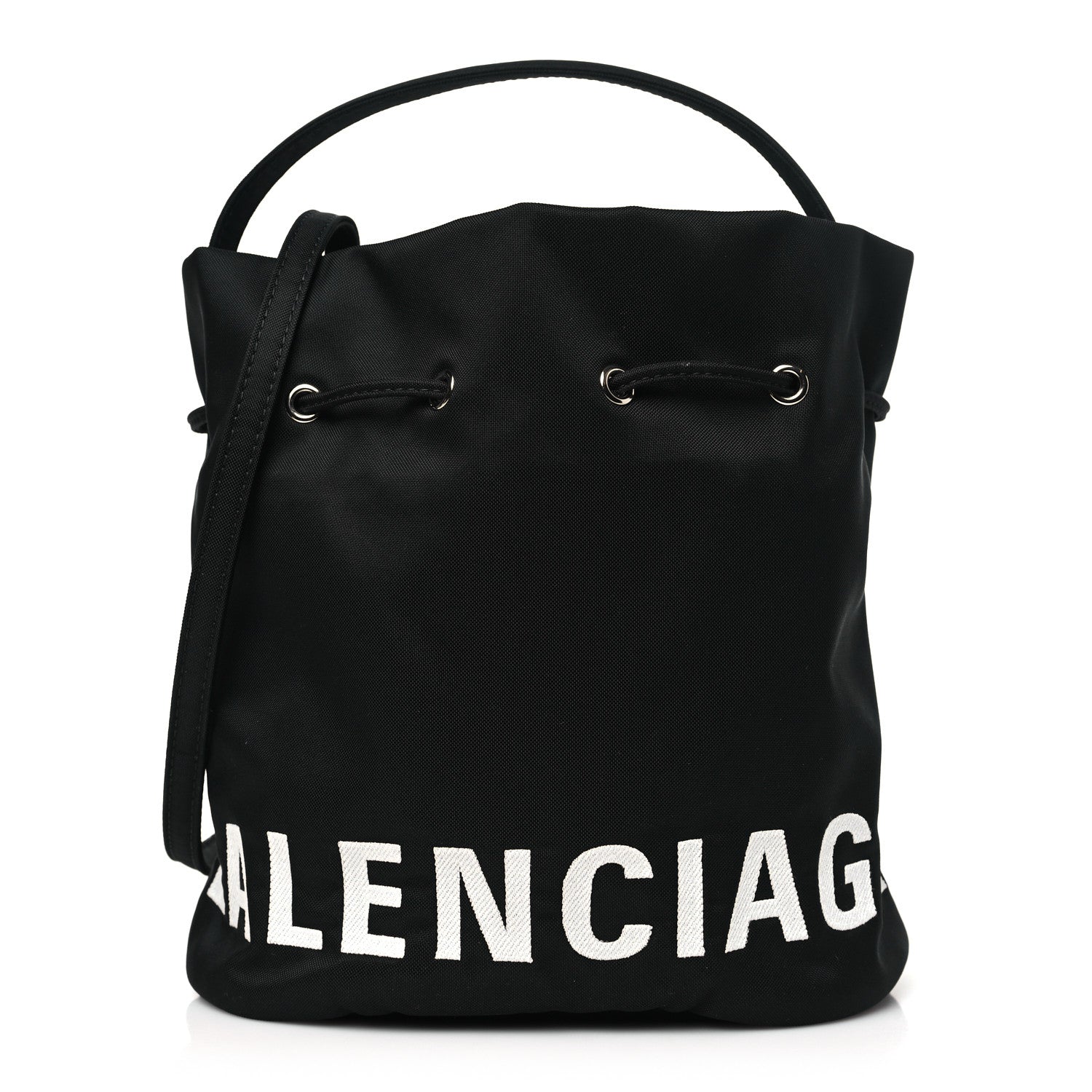 Balenciaga Recycled Sport Nylon Logo Embroidered Small Wheel Drawstring Bucket Bag Black 1 of 10
