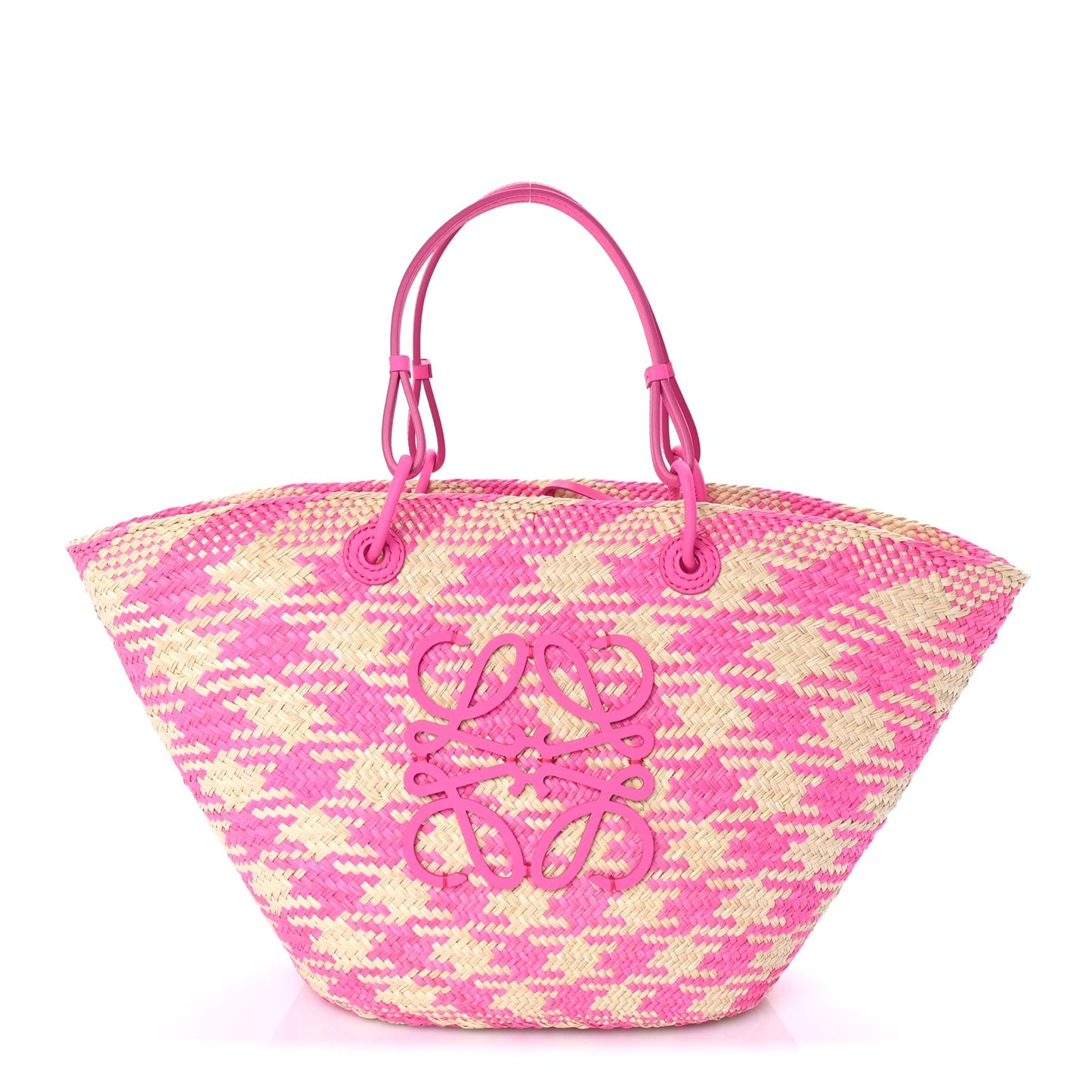 Iraca Palm Calfskin Paulas Ibiza Medium Anagram Basket Tote Bag Fuchsia