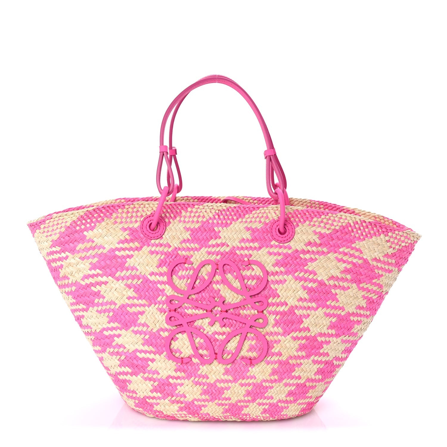 Loewe Iraca Palm Calfskin Paulas Ibiza Medium Anagram Basket Tote Bag Fuchsia 1 of 7