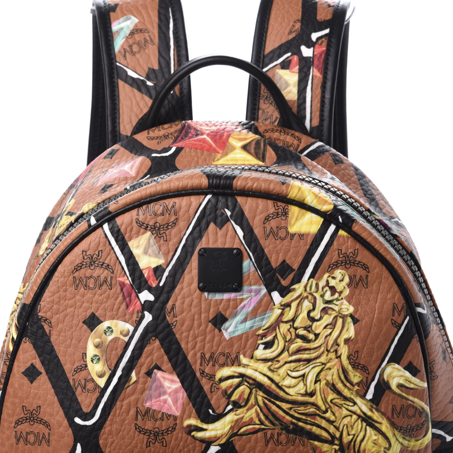 MCM Visetos Calfskin Motif Rombi Lion Printed Medium Backpack Cognac 8 of 8