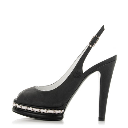 Chanel Suede Chain Peep Toe Slingback Pumps 38 Black 1 of 7