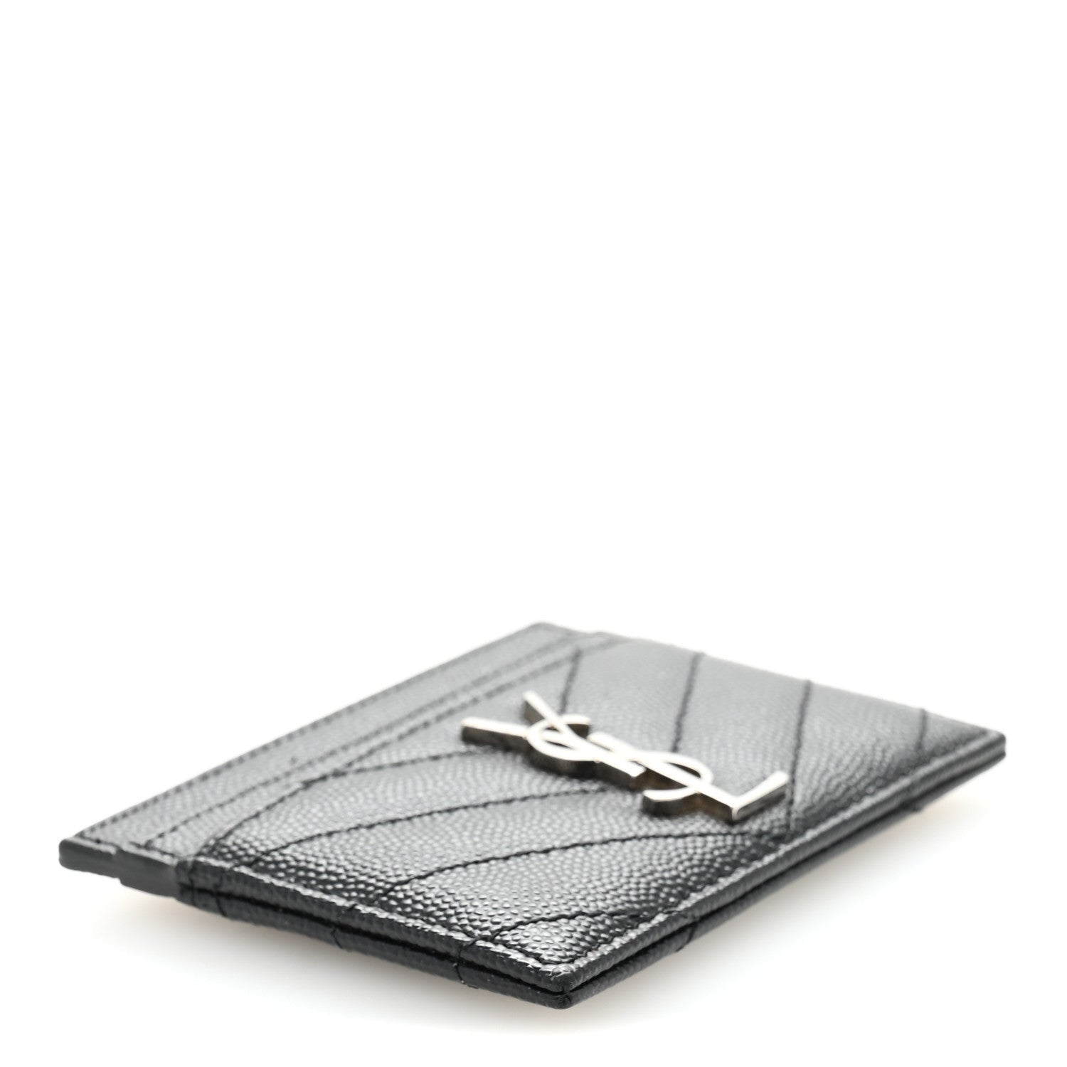 Saint Laurent Grain De Poudre Matelasse Chevron Monogram Credit Card Case Black 4 of 7