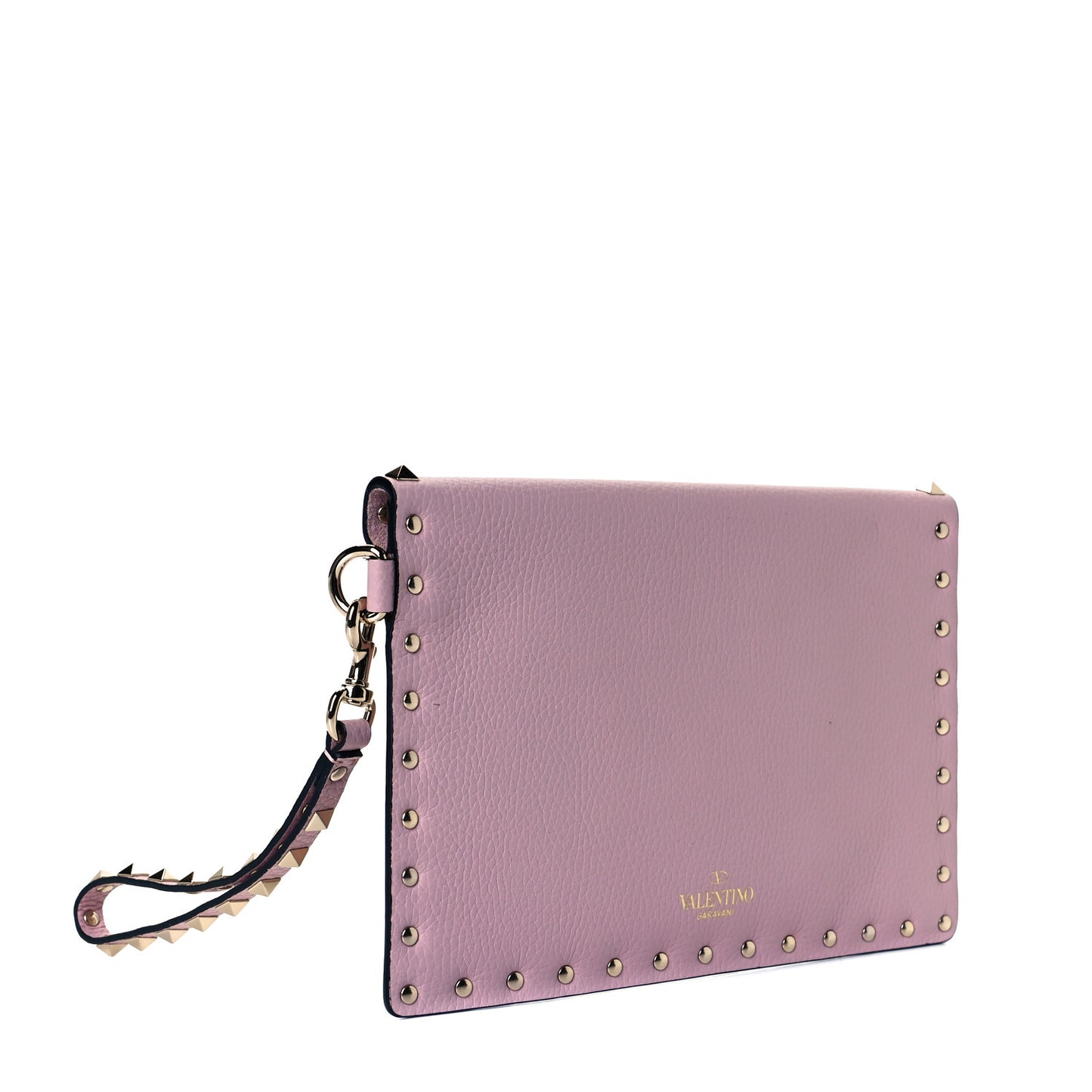 Pebbled Calfskin Medium Rockstud Envelope Flat Wristlet Pouch Water Rose