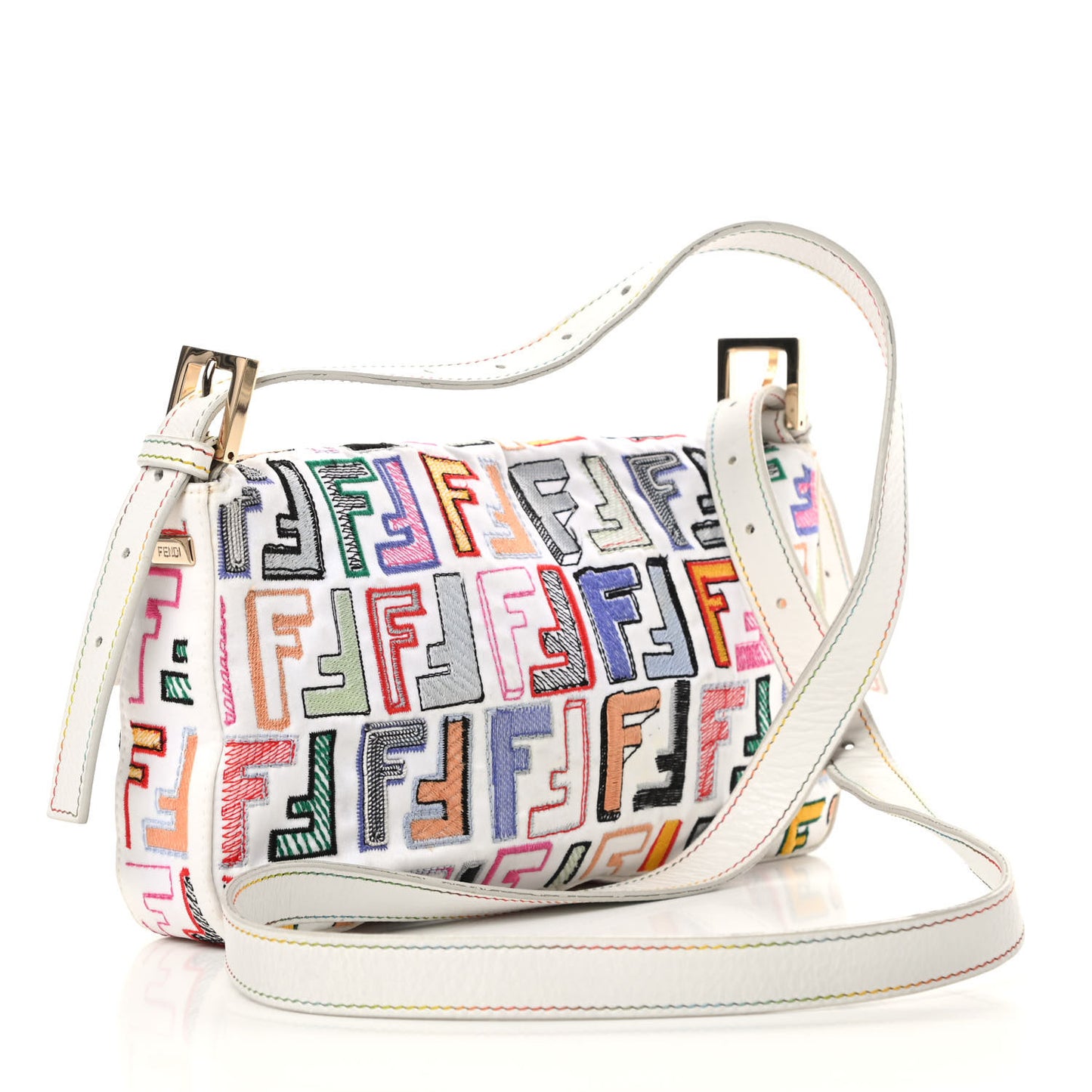 Nylon FF Multicolor Embroidered Baguette Multicolor White