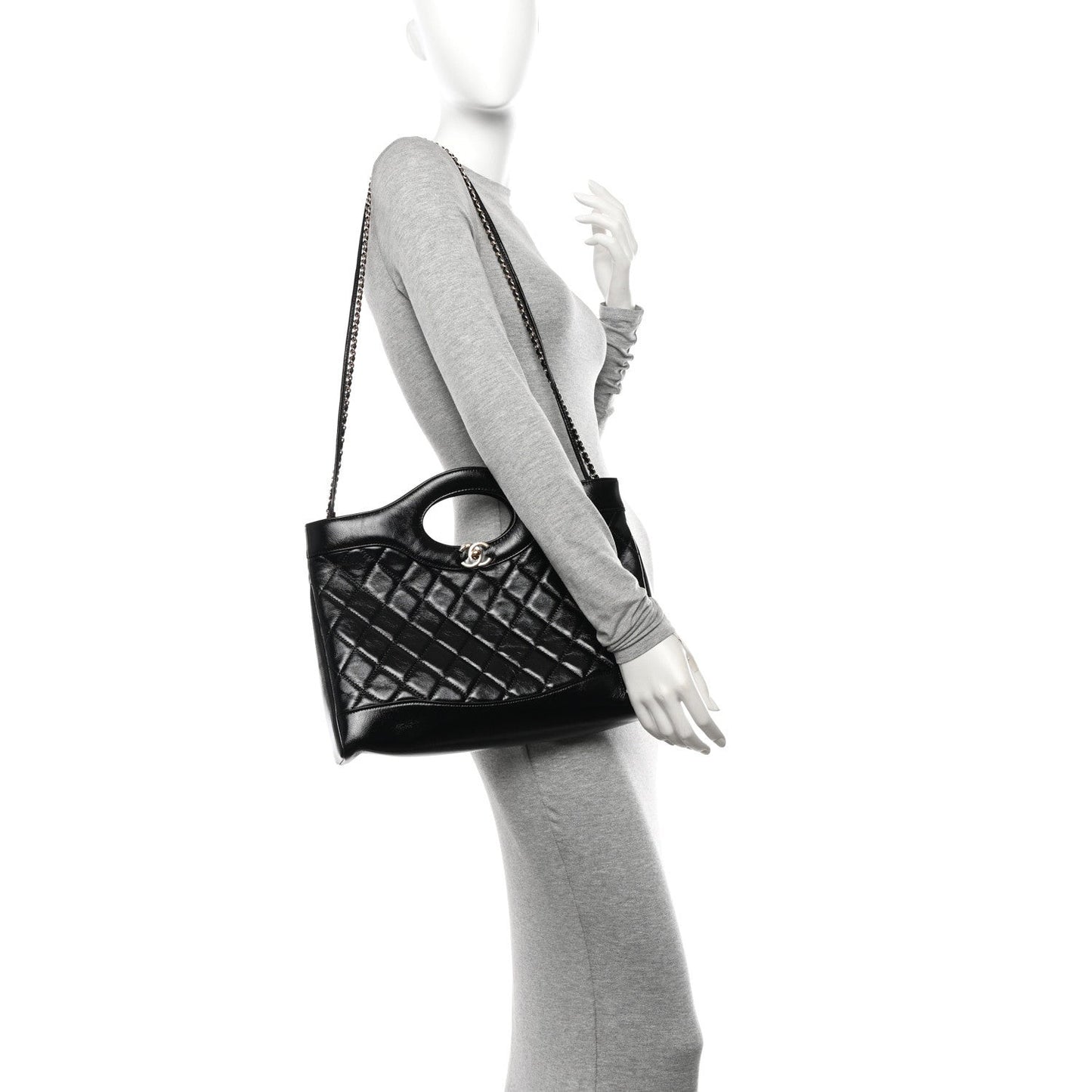 Shiny Lambskin Quilted 31 Shopping Bag Black