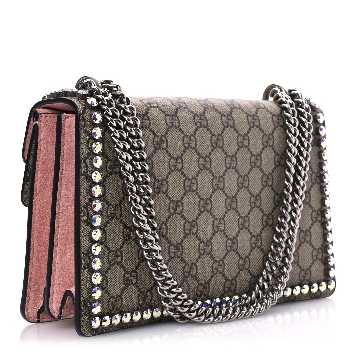 GG Supreme Monogram Suede Crystal Small Dionysus Shoulder Bag Beige Ebony Light Peonia
