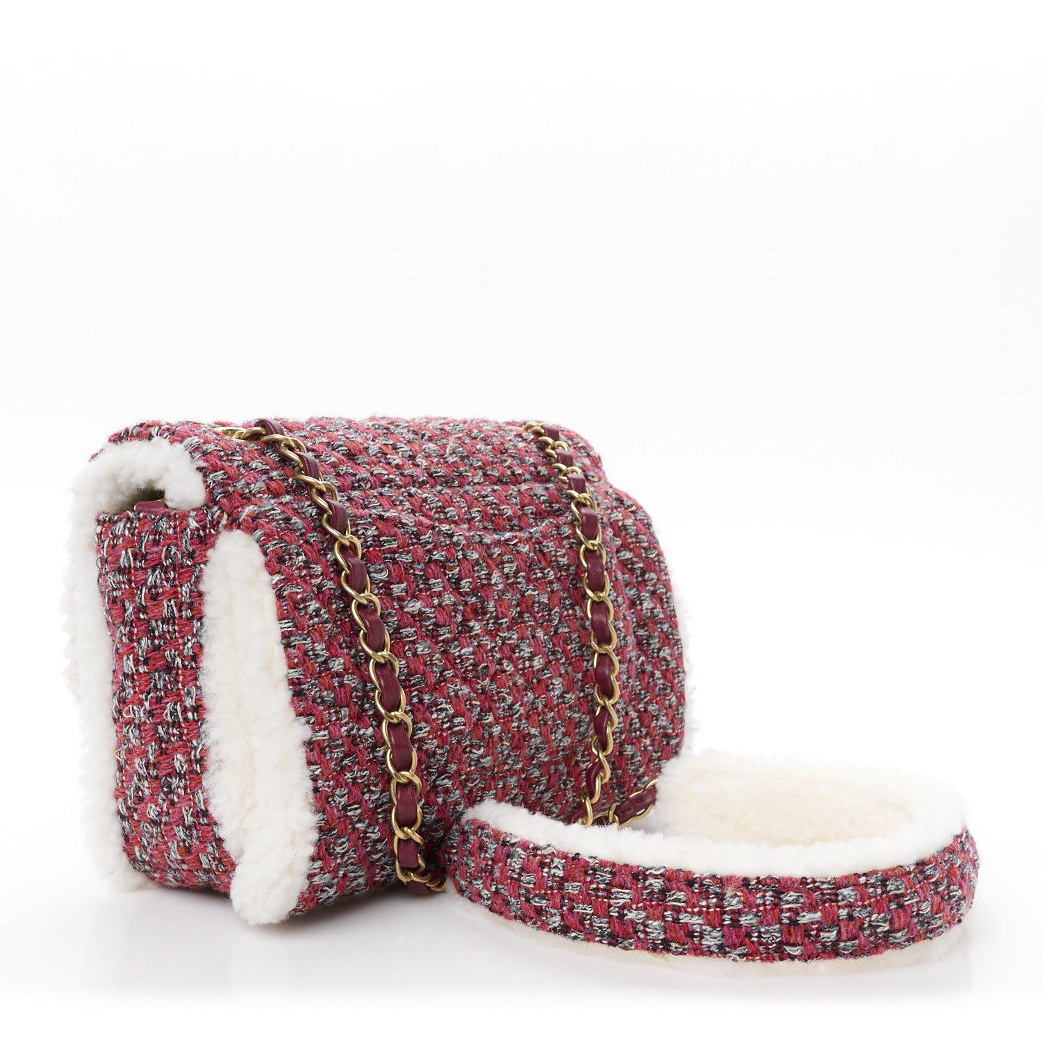 Chanel Tweed Shearling Quilted Large CC Flap Bag Red 3 of 11