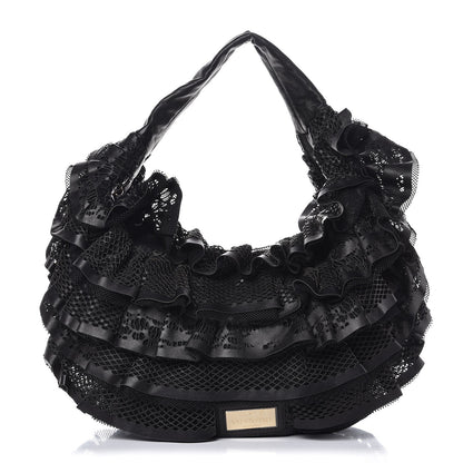 Valentino Garavani Lambskin Mesh Ruffle Hobo Black 1 of 7