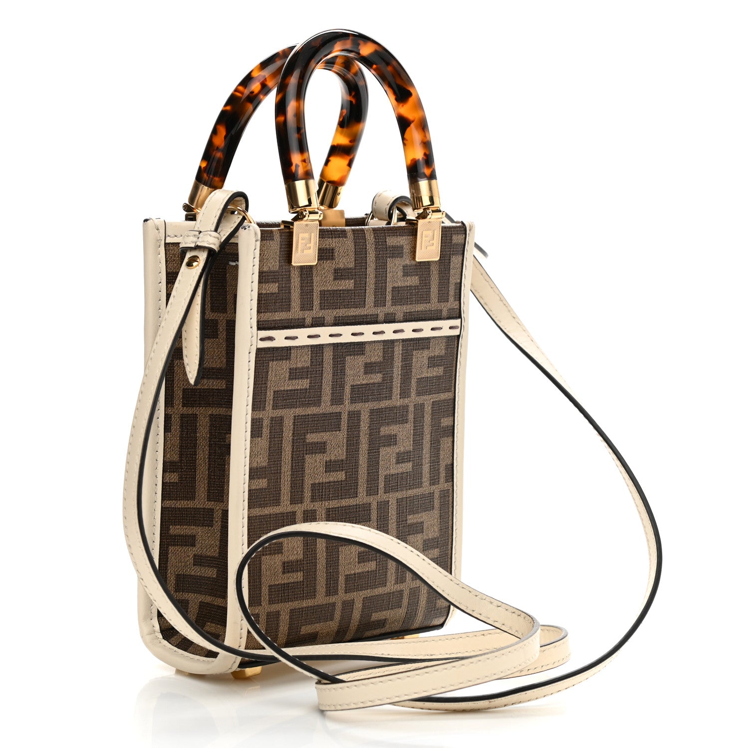 Fendi Glazed Fabric Vitello King Plexiglass FF 1974 Logo Hairdo Girls Inlay Mini Fendi Sunshine Shopper Tote Mogano Panna Multicolor 3 of 9