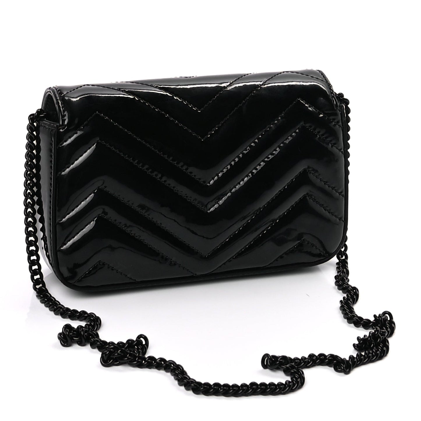 Patent Lambskin Enamel Matelasse Monochrome Super Mini GG Marmont Shoulder Bag  Black
