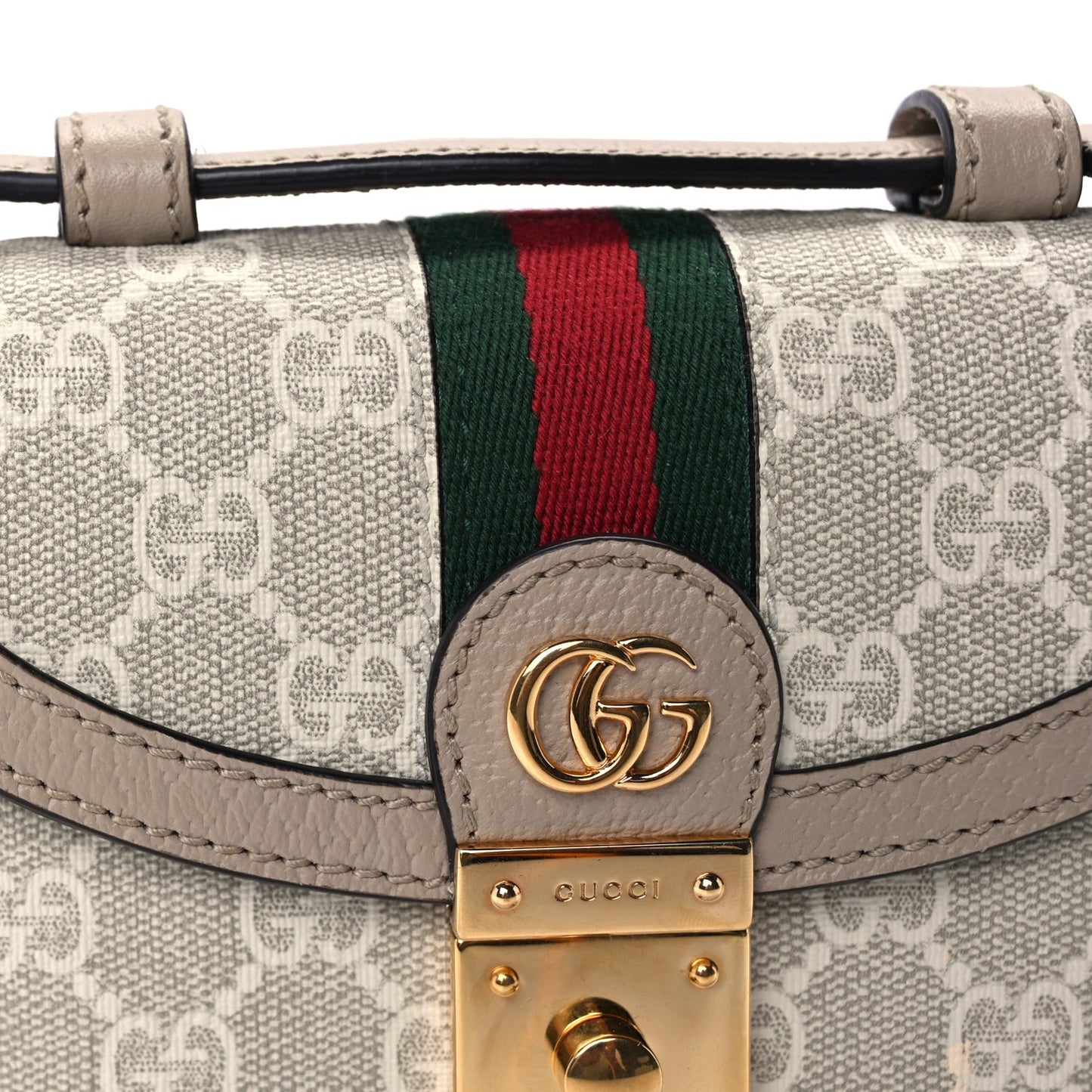GG Supreme Monogram Textured Dollar Calfskin Web Mini Ophidia Padlock Top Handle Chain Shoulder Bag Beige Mystic White Oatmeal