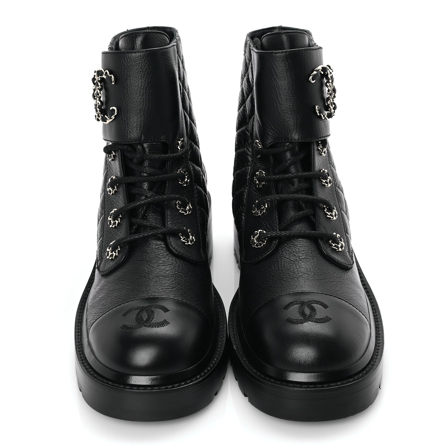 Chanel Shiny Goatskin Calfskin Quilted Lace Up Combat Boots 40 Black 3 of 8