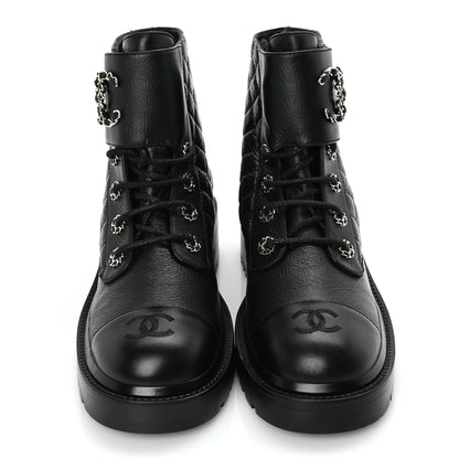 Chanel Shiny Goatskin Calfskin Quilted Lace Up Combat Boots 40 Black 3 of 8