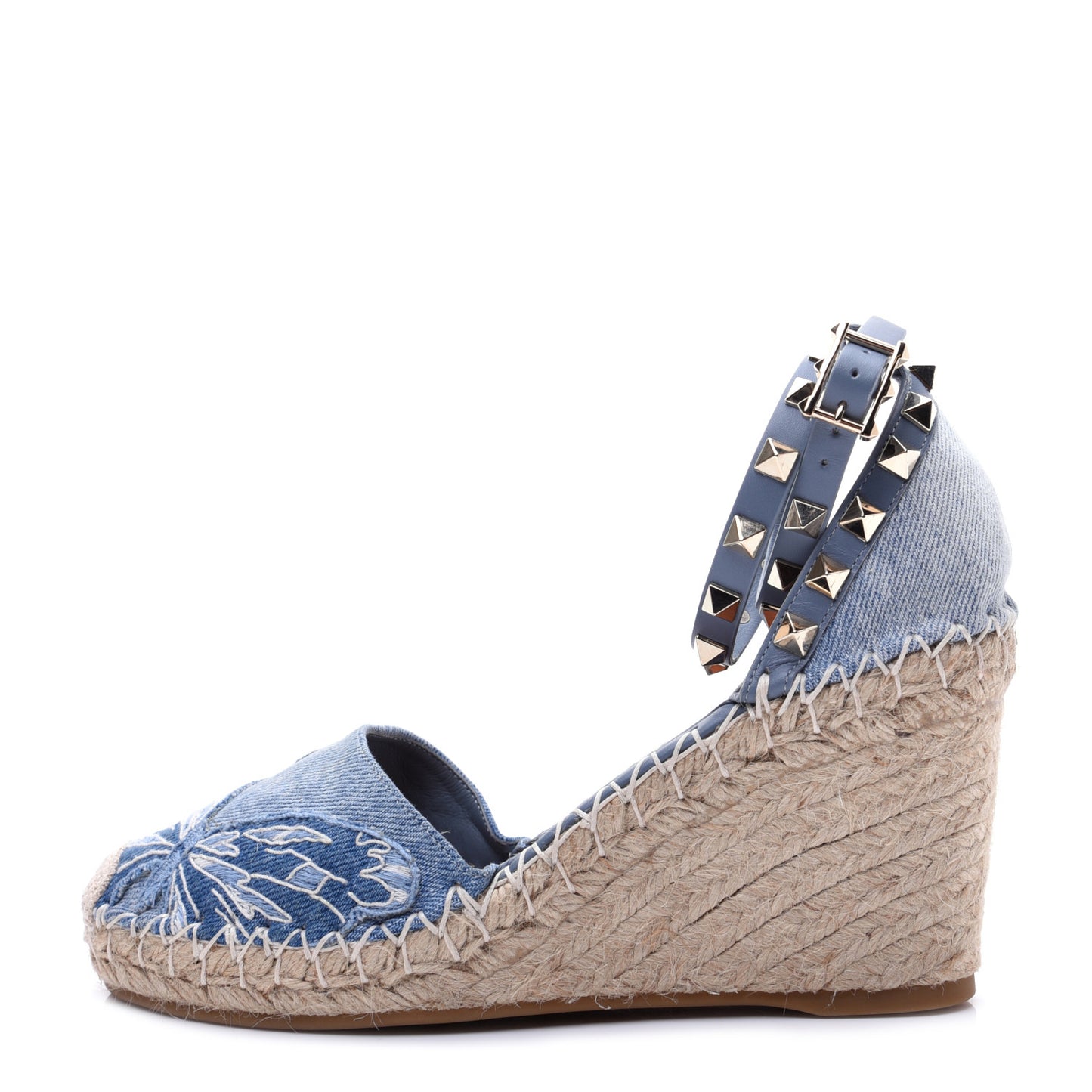 Denim Butterfly Embroidered Rockstud Ankle Wrap Espadrille 15/85mm Wedges 36 Light Denim