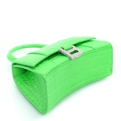 Balenciaga Shiny Calfskin Strass Crocodile Embossed Hourglass Top Handle Bag XS  Fluo Green 7 of 7