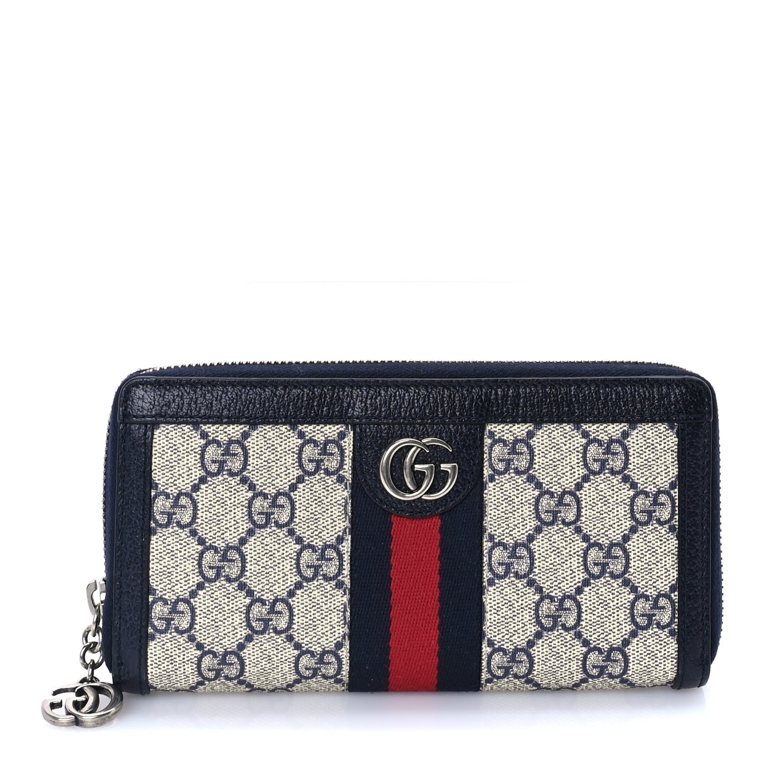 Gucci GG Supreme Monogram Textured Dollar Calfskin Web Ophidia Zip Around Wallet Beige Blue 1 of 7