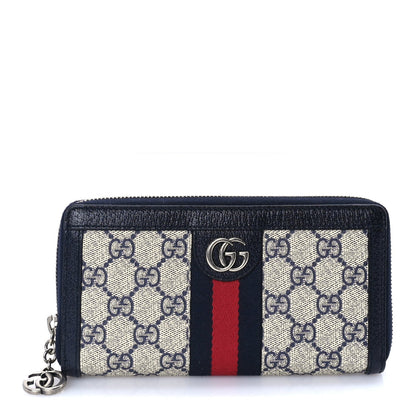 Gucci GG Supreme Monogram Textured Dollar Calfskin Web Ophidia Zip Around Wallet Beige Blue 1 of 7