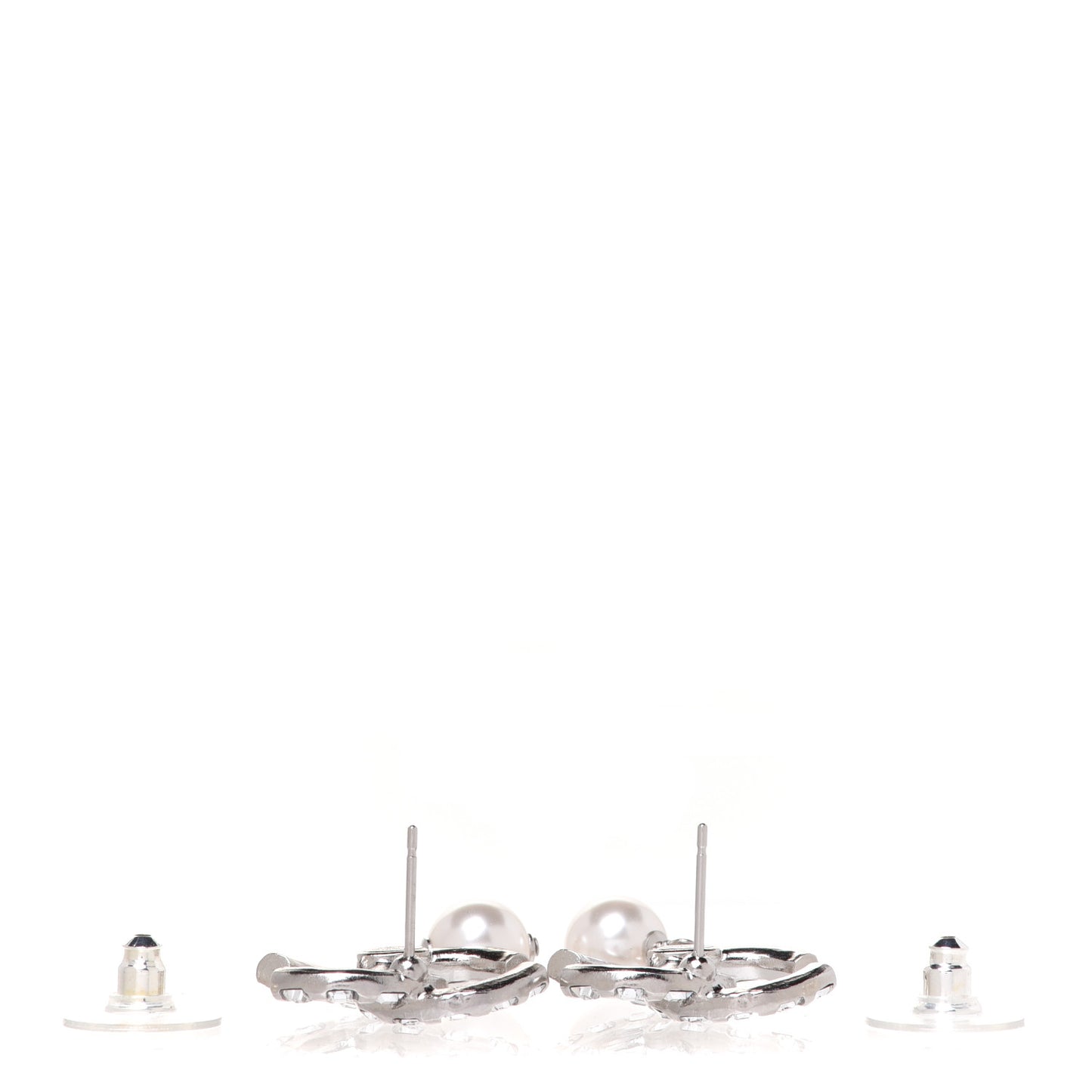 Crystal Baguette Pearl CC Drop Earrings Silver