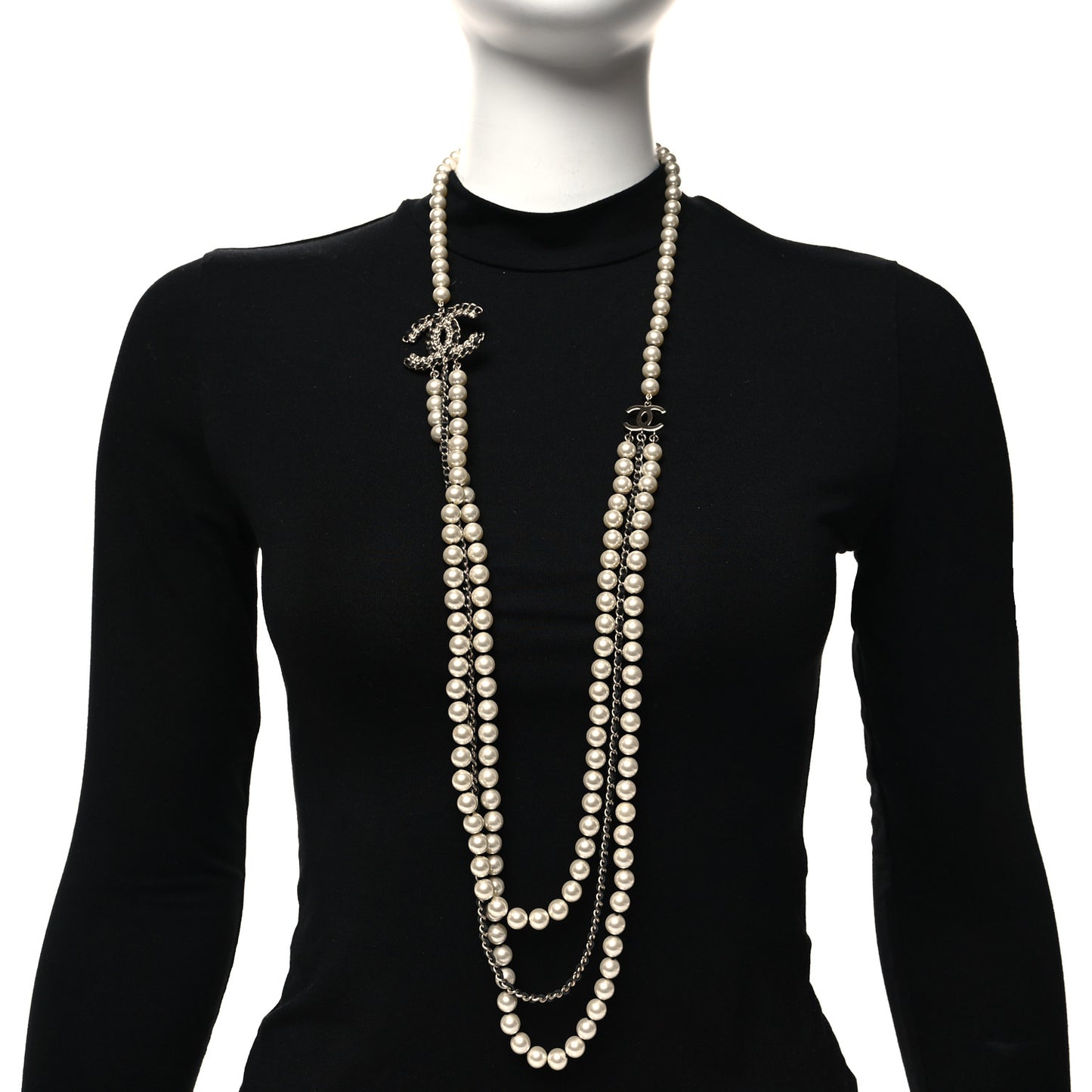 Lambskin Pearl Crystal CC Multi Strand Necklace Black Gold