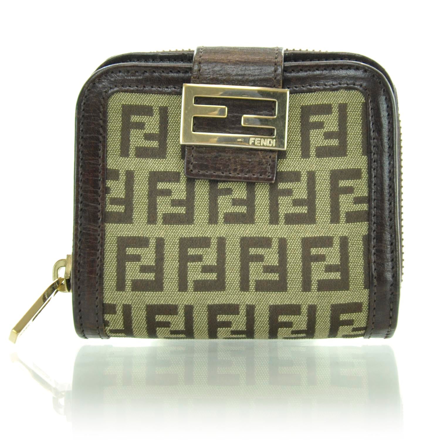 Fendi Zucchino Vitello Compact Zip Around Wallet Mogano Panna Bruciato 1 of 11