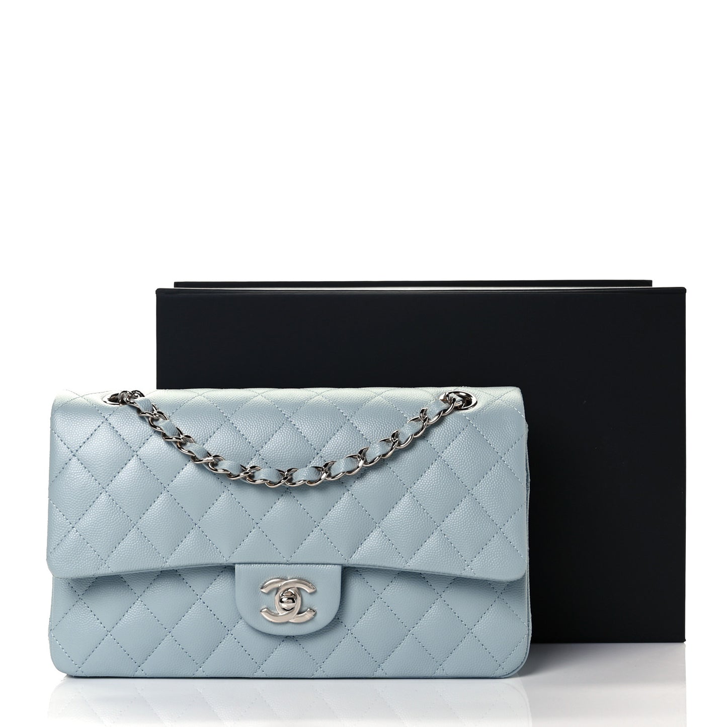 Caviar Quilted Medium Double Flap Light Blue