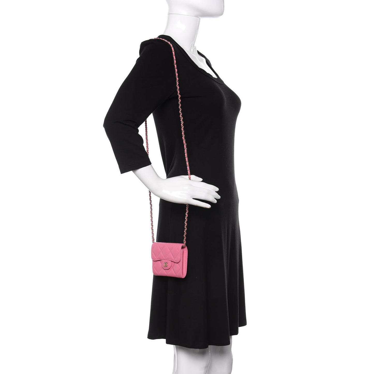 Caviar Quilted Flap Card Holder On Chain Pink