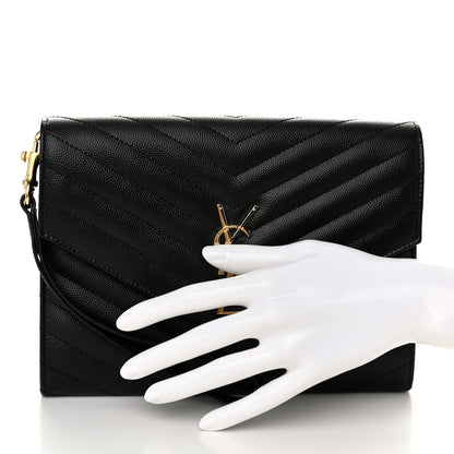 Saint Laurent Grain De Poudre Matelasse Chevron Monogram Envelope Clutch Black 2 of 11