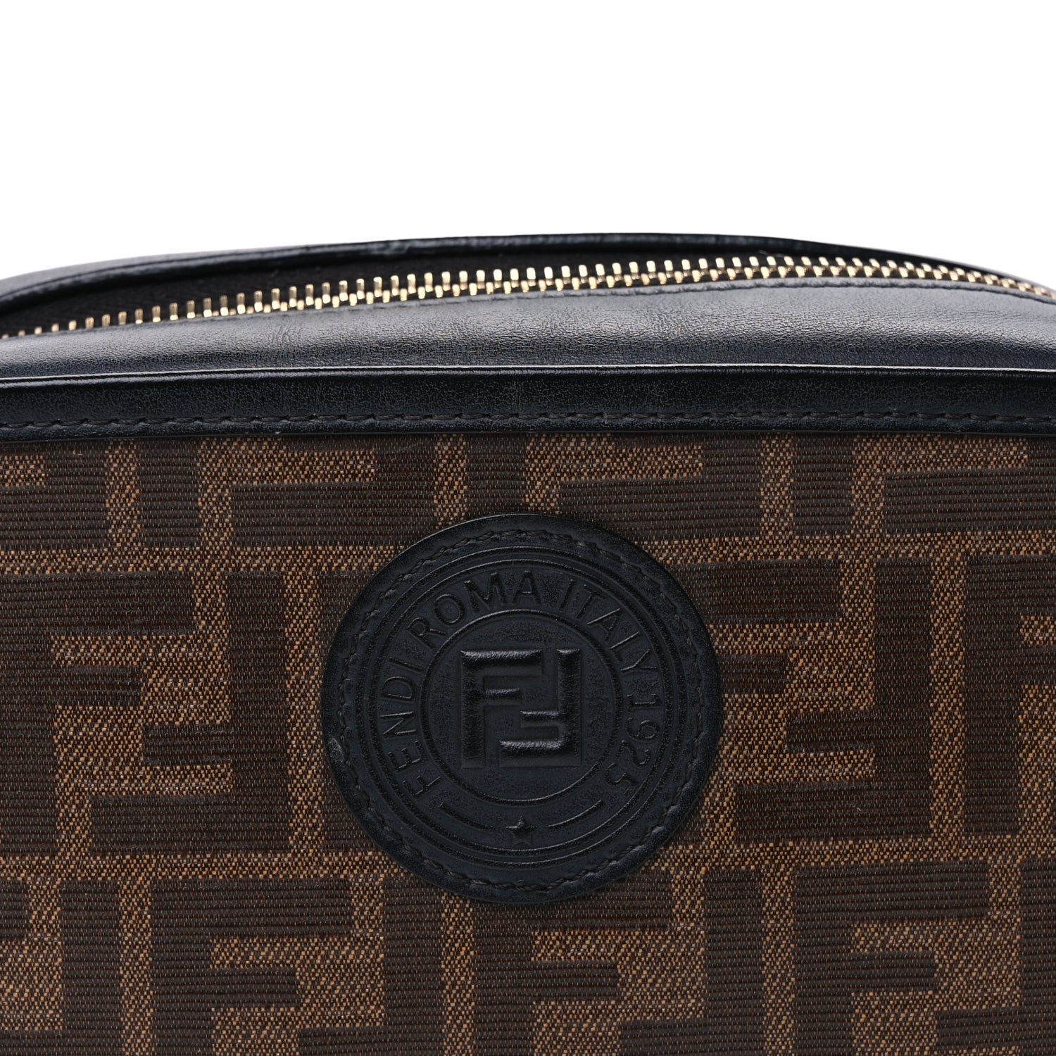 Fendi Glazed Fabric Vitello Century FF 1974 Stamp Patch Mini Camera Case Mogano Panna Black 6 of 8
