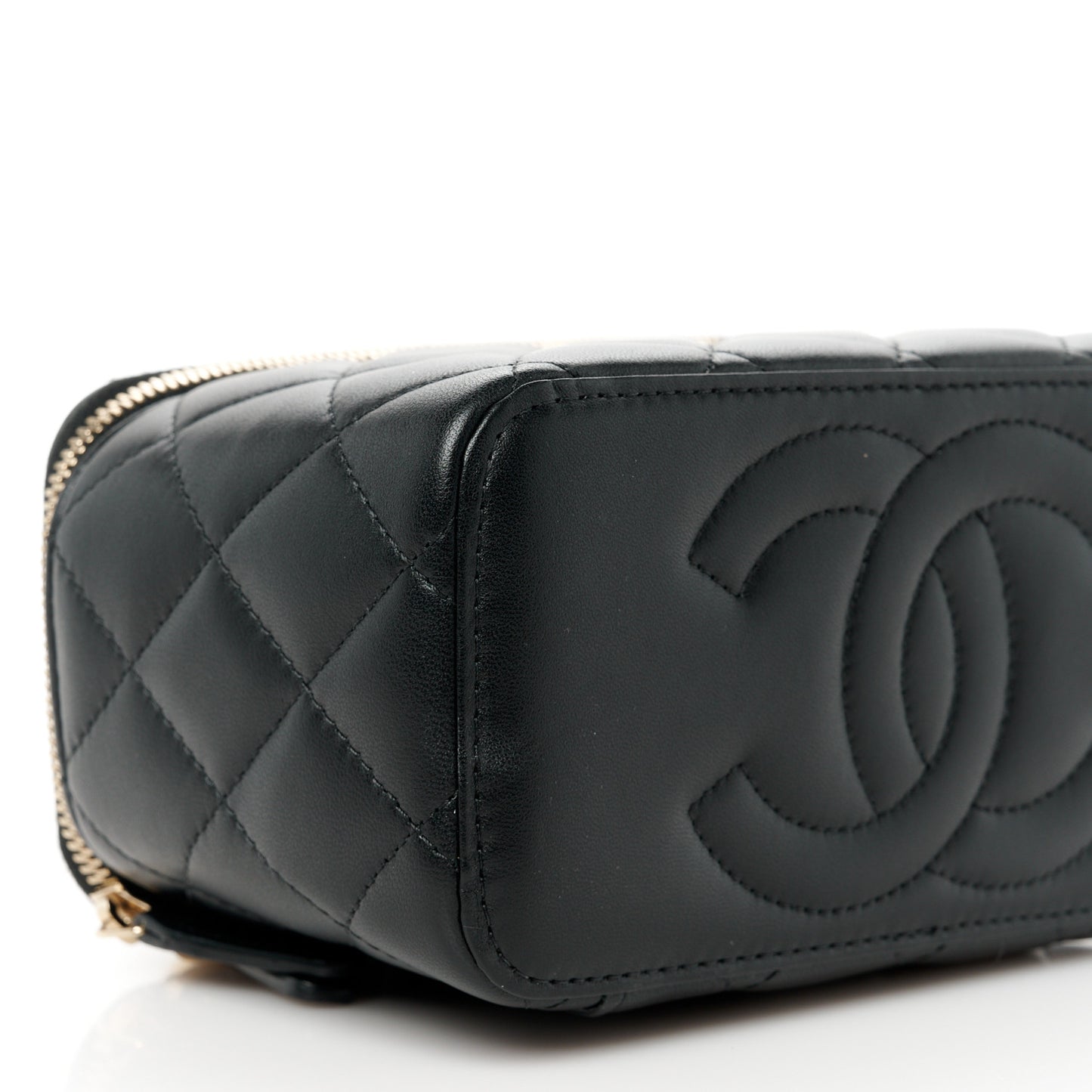 Lambskin Quilted Metal Small Top Handle Vanity Case With Chain Black