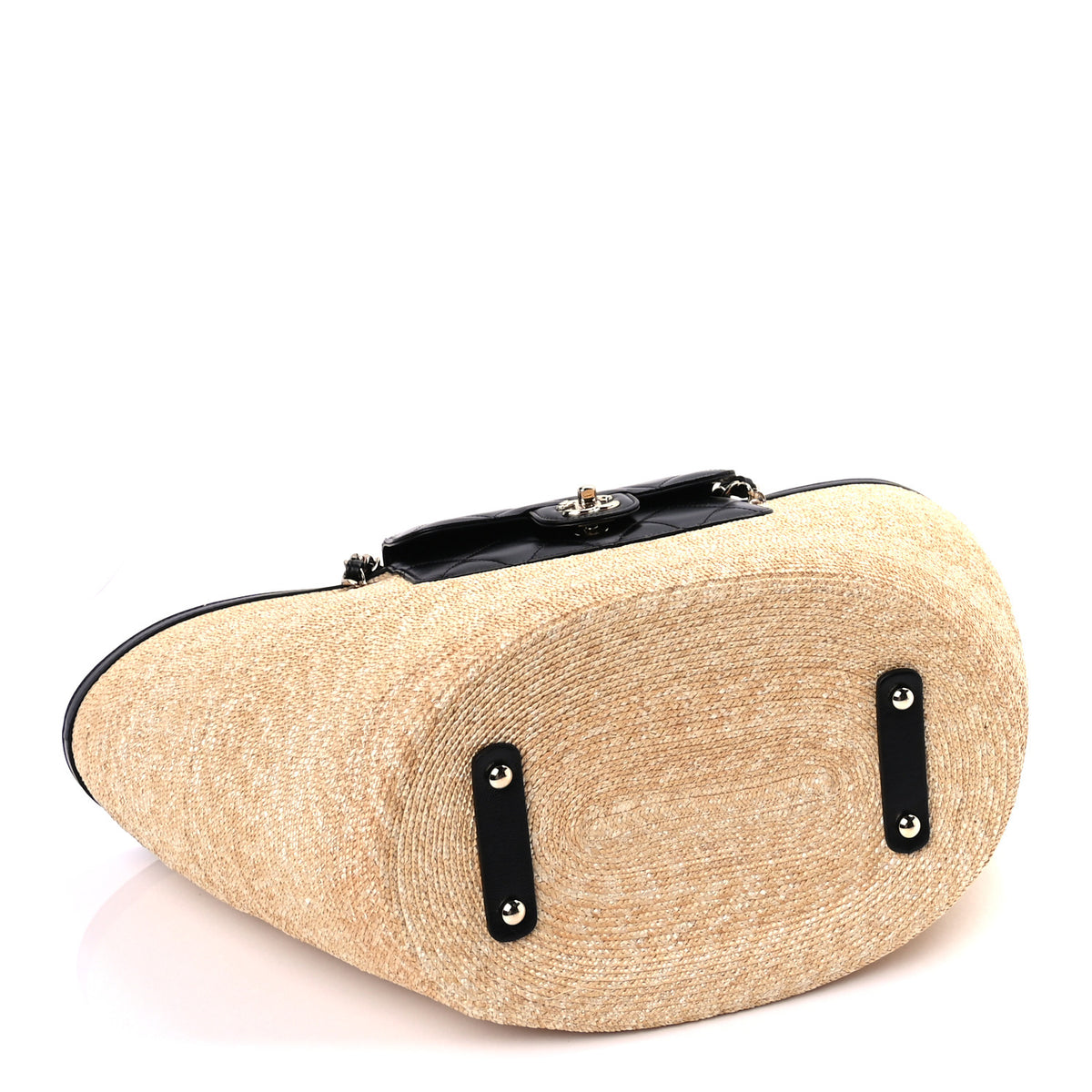 Raffia Braided Lambskin Shopping Tote Beige Black