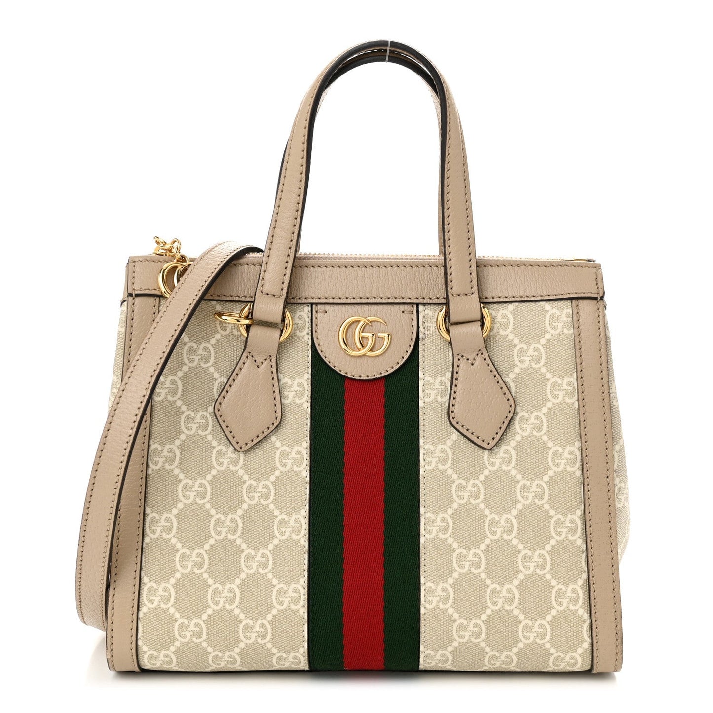GG Supreme Monogram Textured Dollar Calfskin Web Small Ophidia Tote Bag Beige Mystic White Oatmeal
