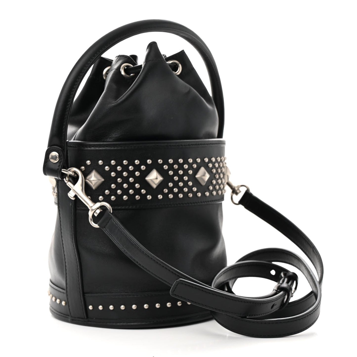Smooth Calfskin Studded Small Bahia Drawstring Bucket Bag Black