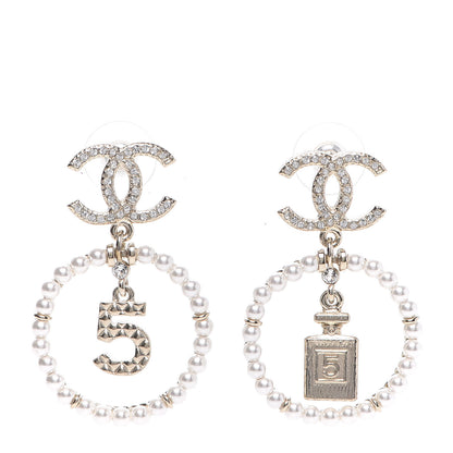 Chanel Crystal Pearl Charms CC Drop Earrings Gold 1 of 4