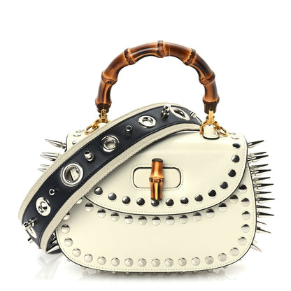 Gucci Boarded Dyana Lux Studded Calfskin Web Small Bamboo 1947 Top Handle Bag  Mystic White 1 of 9