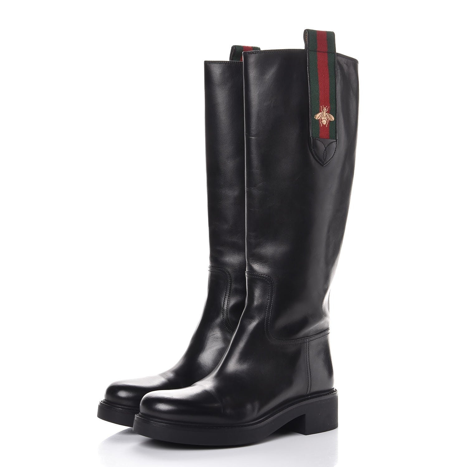 Gucci Calfskin Web Bee Tall Riding Boots 37.5 Black 3 of 12