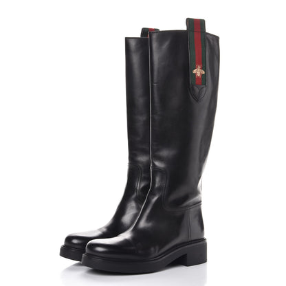 Gucci Calfskin Web Bee Tall Riding Boots 37.5 Black 3 of 12