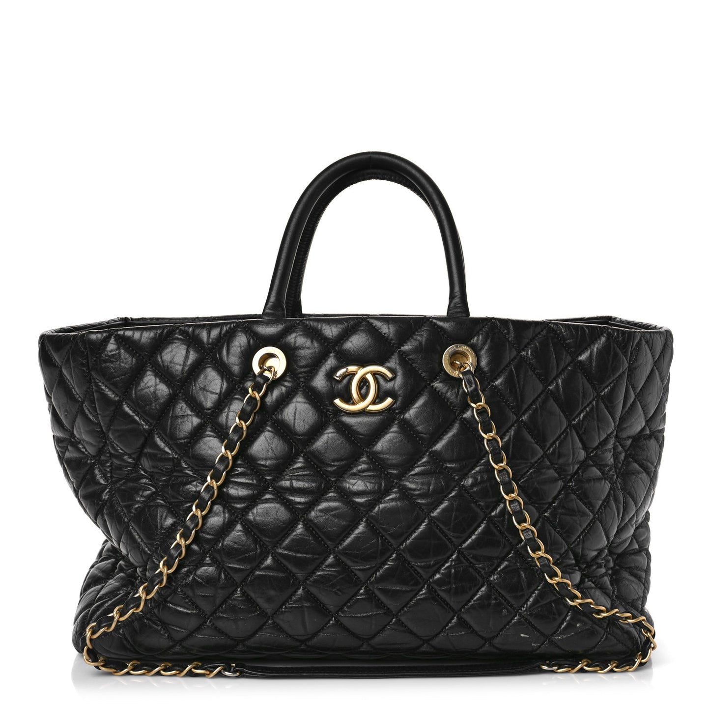 Aged Calfskin Quilted Large Coco Handle Shopping Tote Black