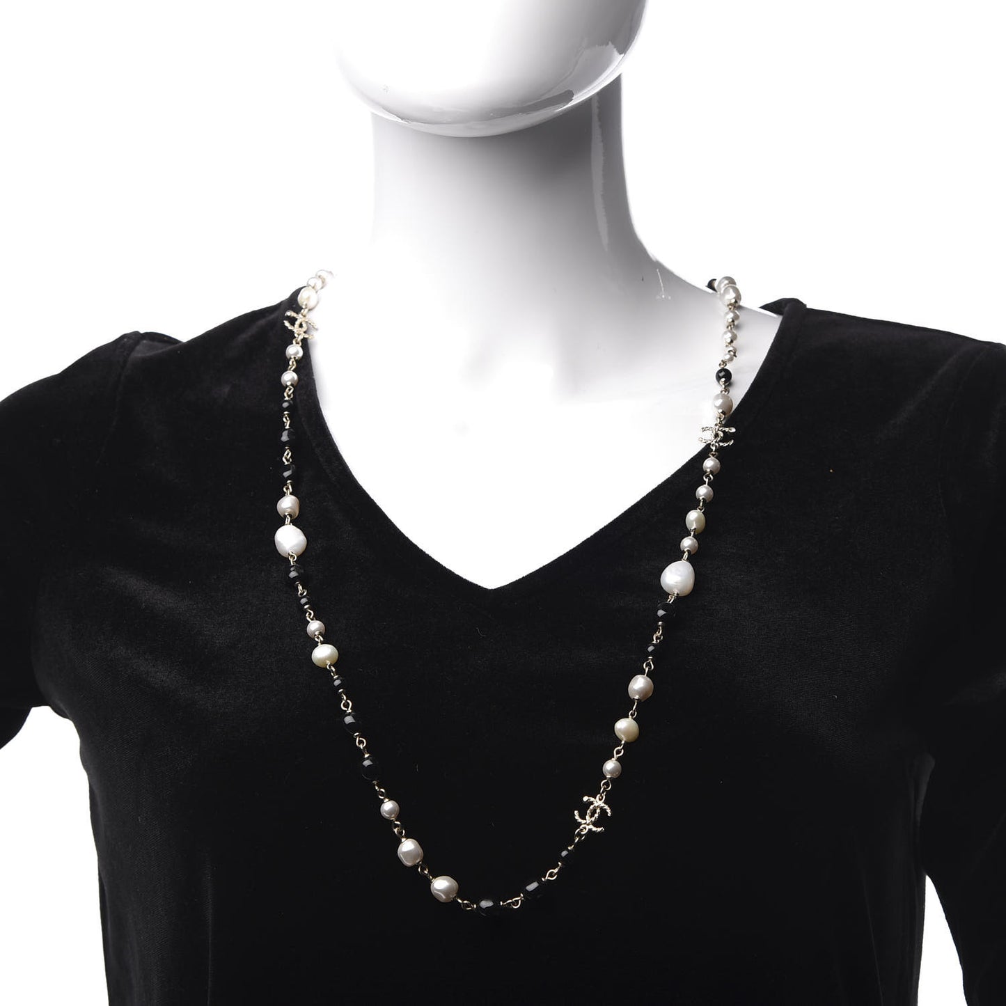 Pearl Beaded Crystal CC Long Necklace Gold Black White