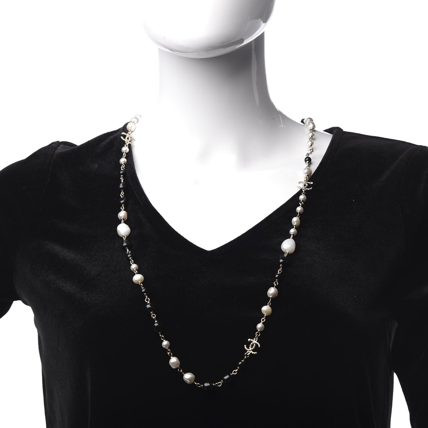 Chanel Pearl Beaded Crystal CC Long Necklace Gold Black White 2 of 5