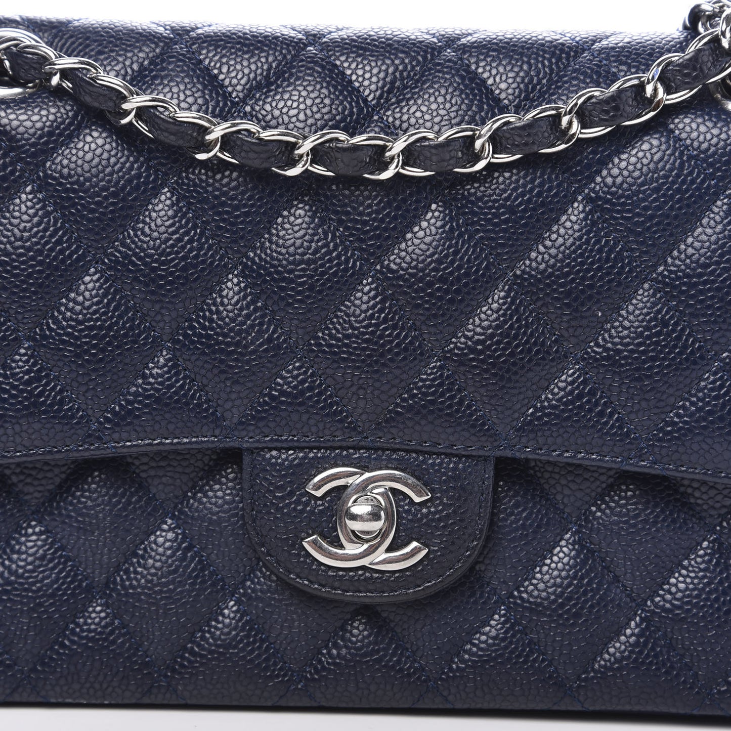 Caviar Quilted Medium Double Flap Navy