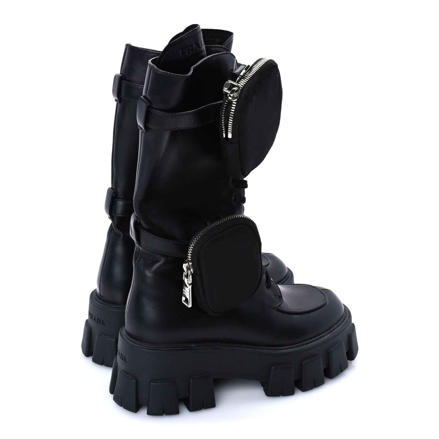 Prada Vitello Lux Nylon Metal Triangle Logo Monolith Pouch Pocket 55mm Tall Combat Boots 37 Black 3 of 7