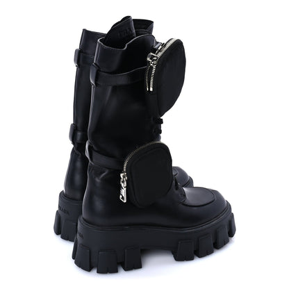 Prada Vitello Lux Nylon Metal Triangle Logo Monolith Pouch Pocket 55mm Tall Combat Boots 37 Black 3 of 7