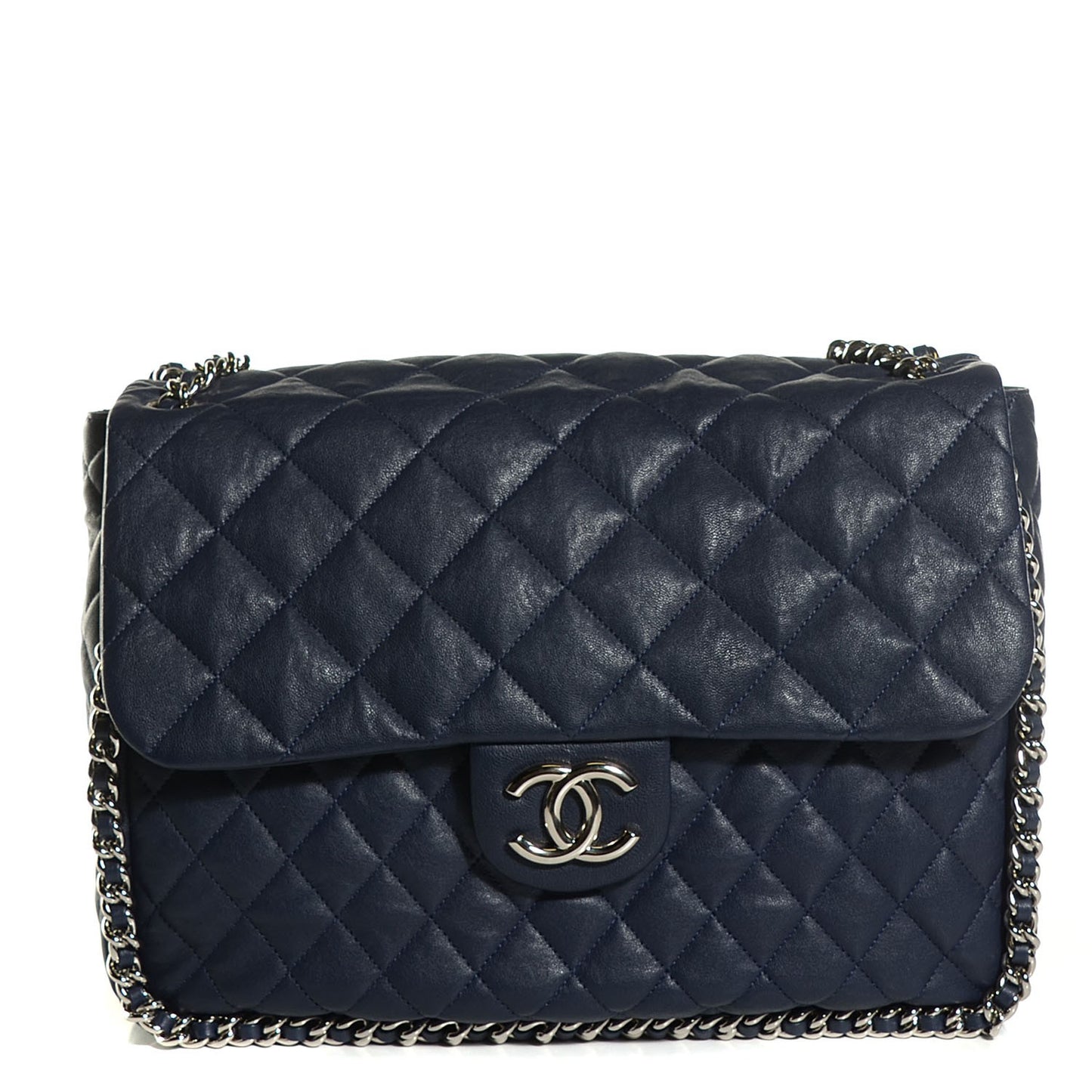 Washed Lambskin Quilted Chain Around Maxi Flap Dark Navy Blue
