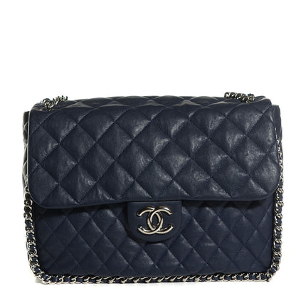 Chanel Washed Lambskin Quilted Chain Around Maxi Flap Dark Navy Blue 1 of 7