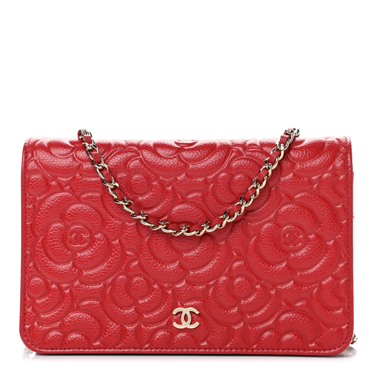 Chanel Caviar Camellia Embossed Wallet On Chain WOC Red 1 of 4