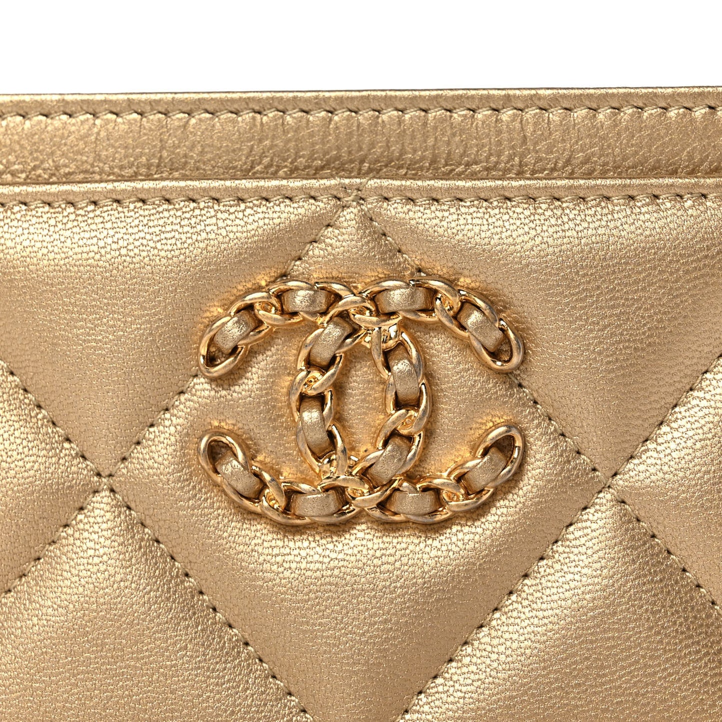 Metallic Lambskin Quilted Chanel 19 Card Holder Gold