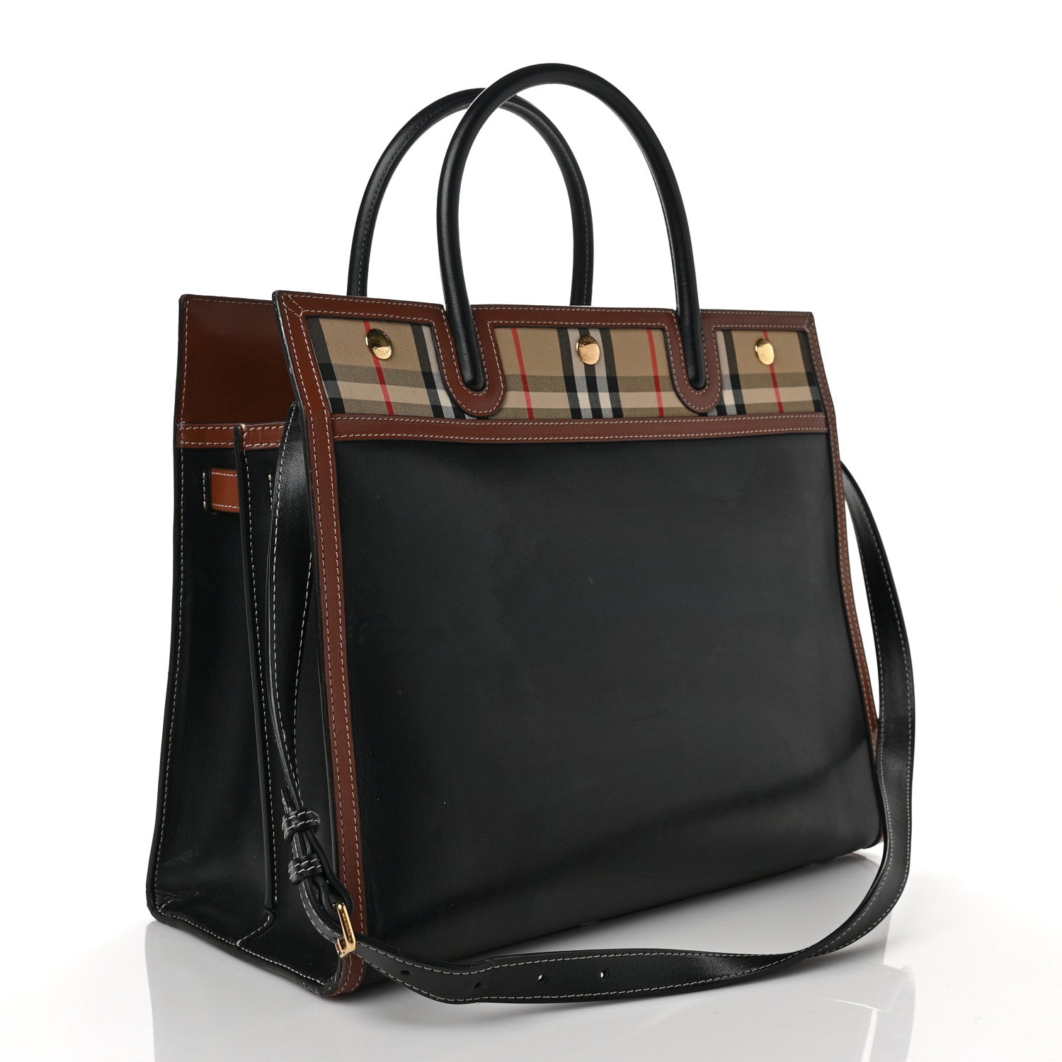 Burberry Calfskin Vintage Check Medium Two Handle Title Bag Black 2 of 8