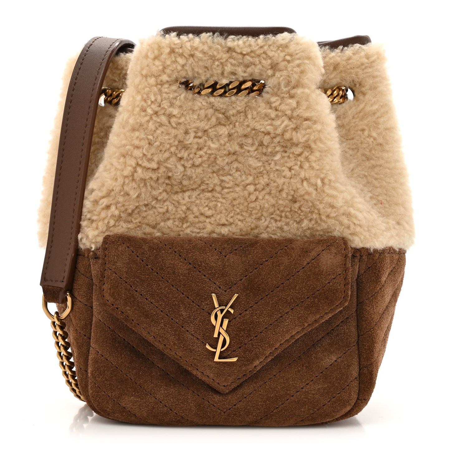 Shearling Suede Monogram Joe Nano Bucket Bag Dark Cigar Natural Beige